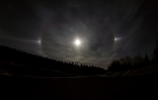 Moon halo with bright spots.