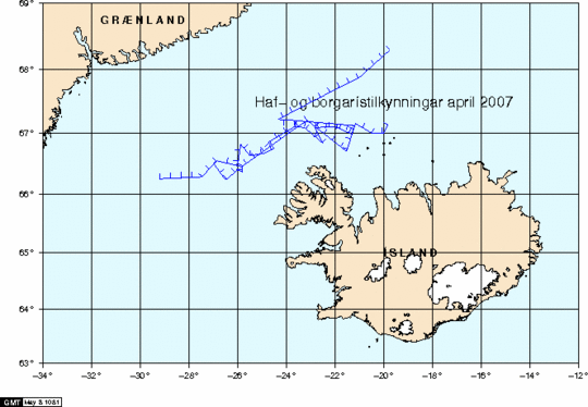 Ískort með haf- og borgarístilkynningum í apríl 2007